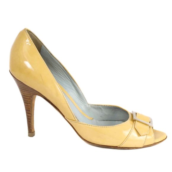 LAMBERTSON TRUEX Tan Patent Leather Peep Toe Pumps - Picture 2 of 8